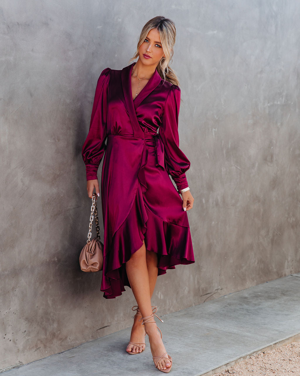 Anniversary Satin Wrap Midi Dress - Merlot - FINAL SALE LUSH-001