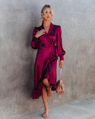 Anniversary Satin Wrap Midi Dress - Merlot - FINAL SALE LUSH-001