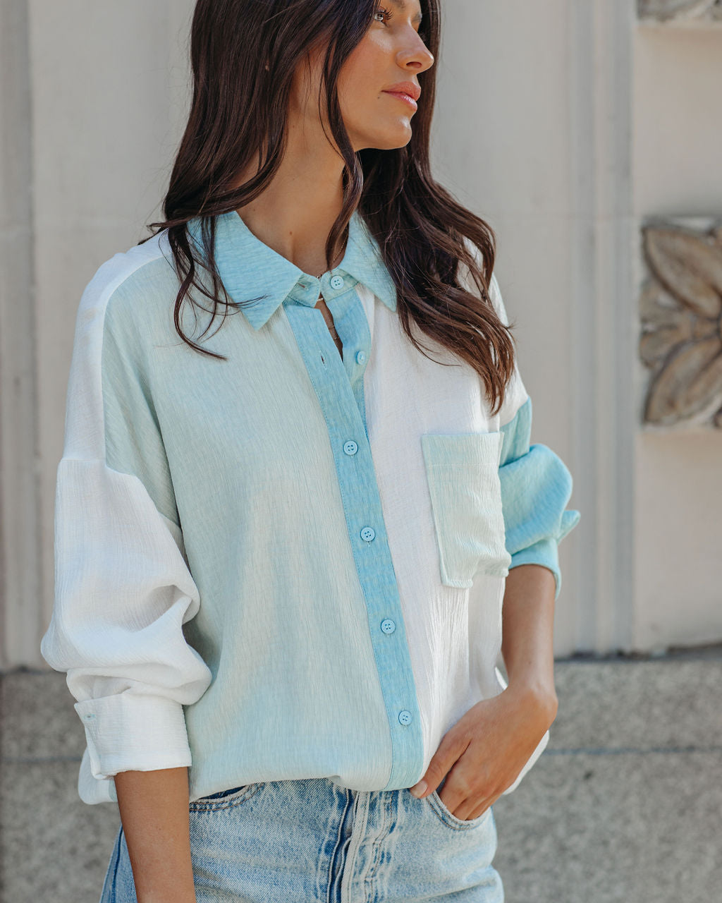 Ashford Colorblock Button Down Top - Blue Multi InsStreet