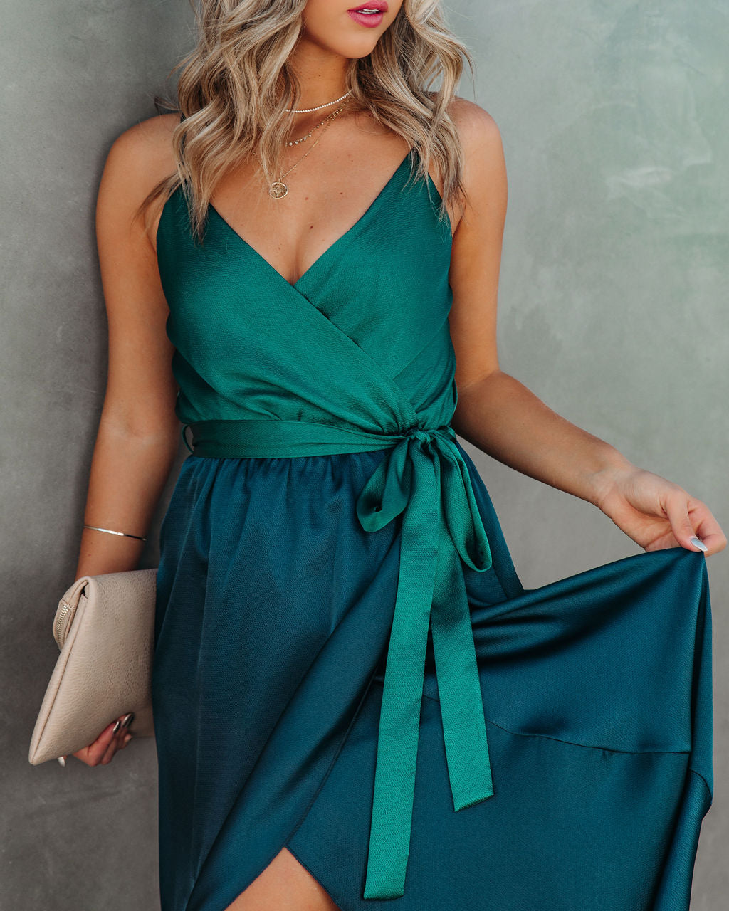 Ansley Satin Colorblock High Low Maxi Dress - Green Navy TYCH-001