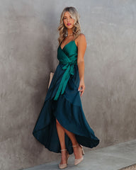 Ansley Satin Colorblock High Low Maxi Dress - Green Navy TYCH-001