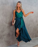 Ansley Satin Colorblock High Low Maxi Dress - Green Navy TYCH-001