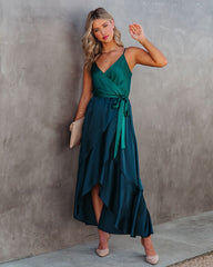 Ansley Satin Colorblock High Low Maxi Dress - Green Navy TYCH-001