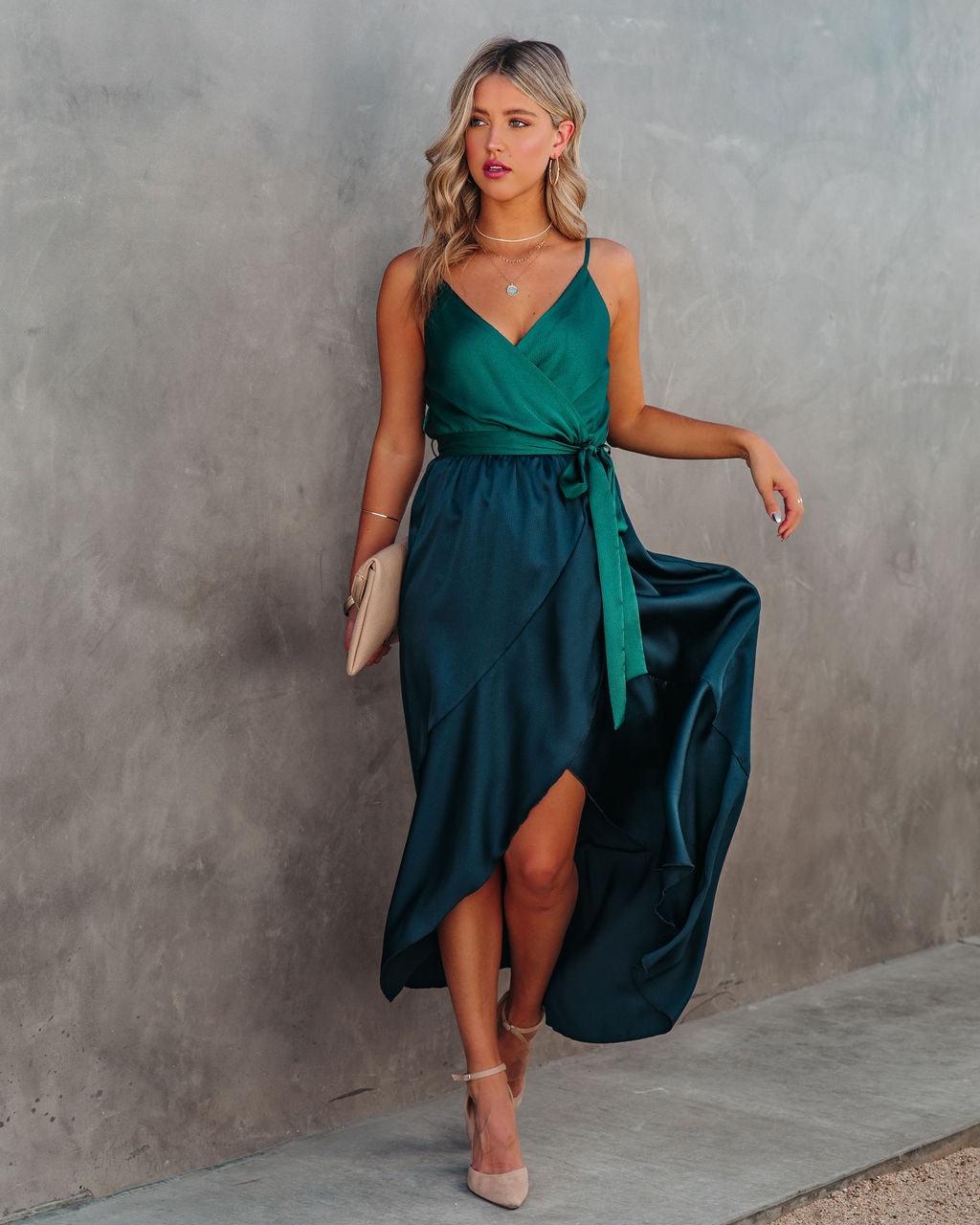 Ansley Satin Colorblock High Low Maxi Dress - Green Navy TYCH-001