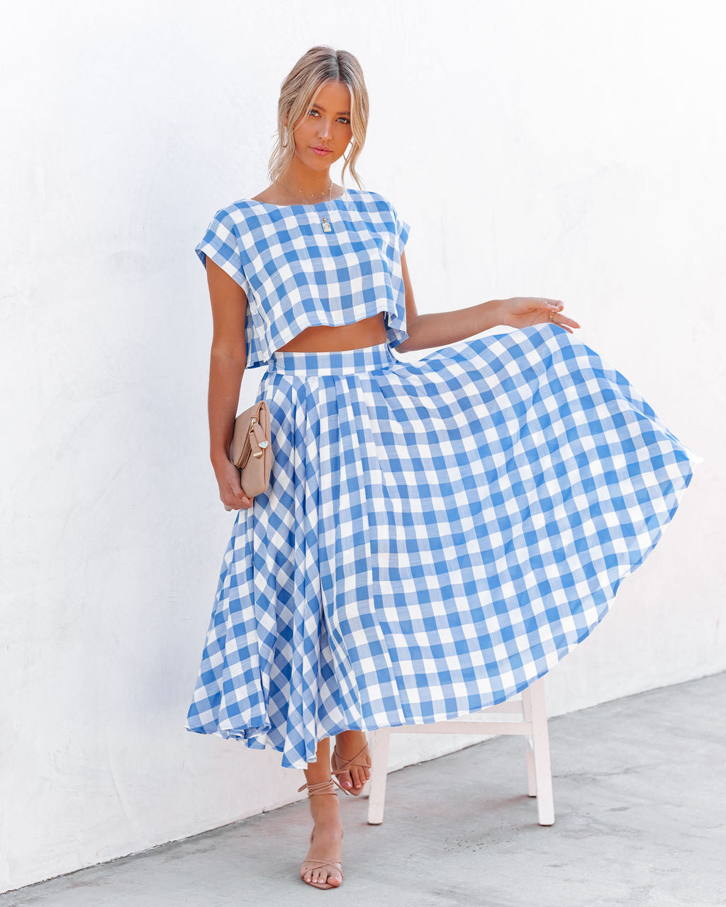 Athina Cotton Blend Gingham Crop Top - Blue InsStreet