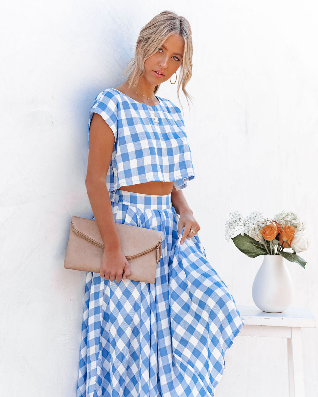 Athina Cotton Blend Gingham Crop Top - Blue InsStreet