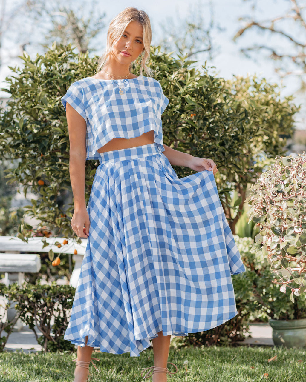 Athina Cotton Blend Gingham Crop Top - Blue InsStreet