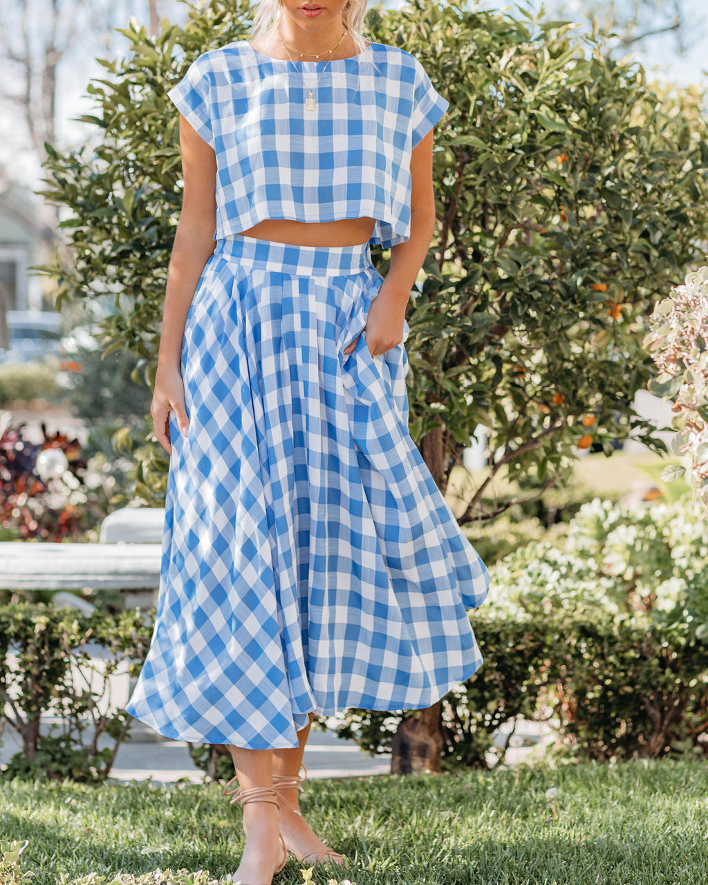 Athina Cotton Blend Gingham Crop Top - Blue InsStreet