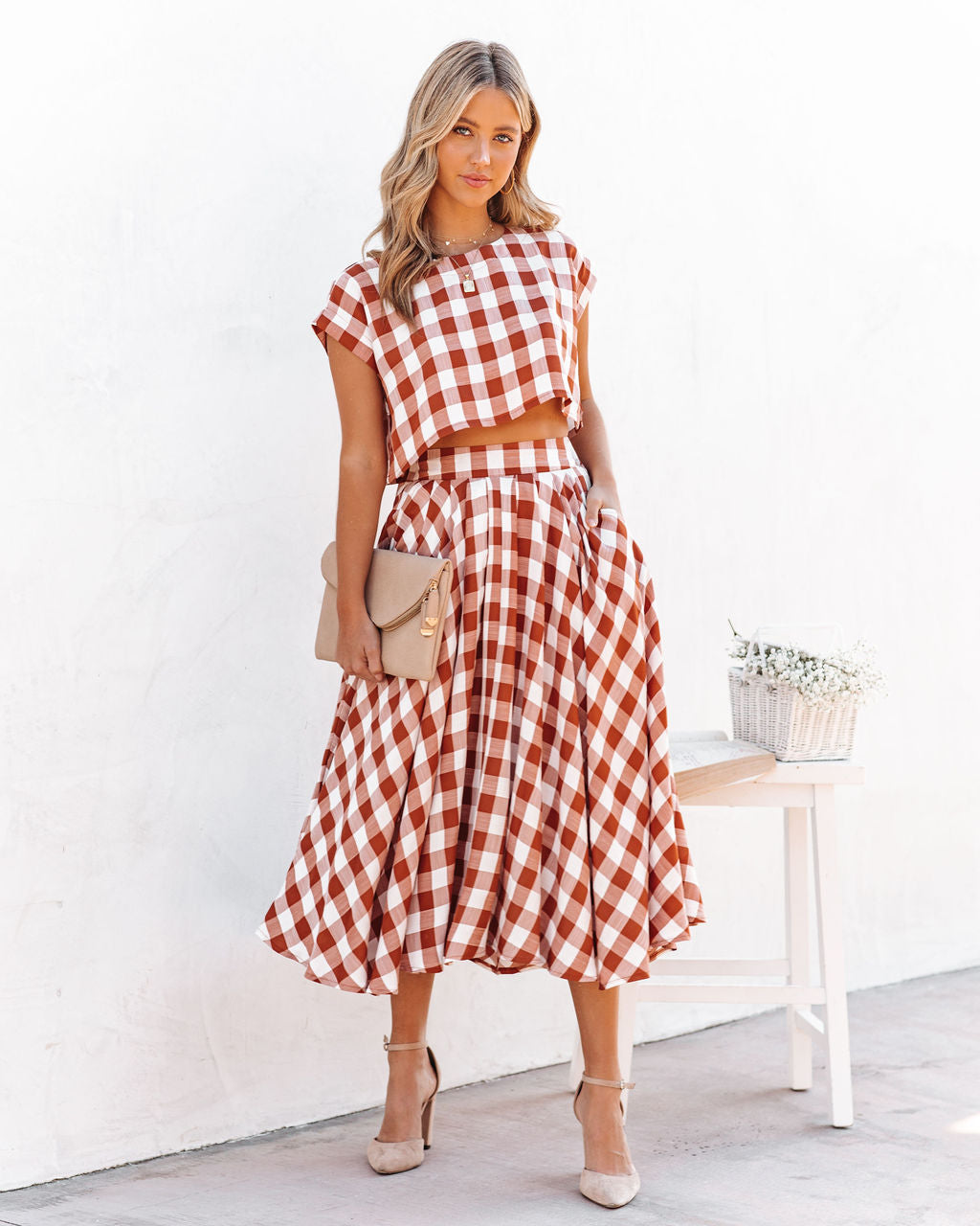 Athina Cotton Blend Pocketed Midi Skirt - Rust InsStreet