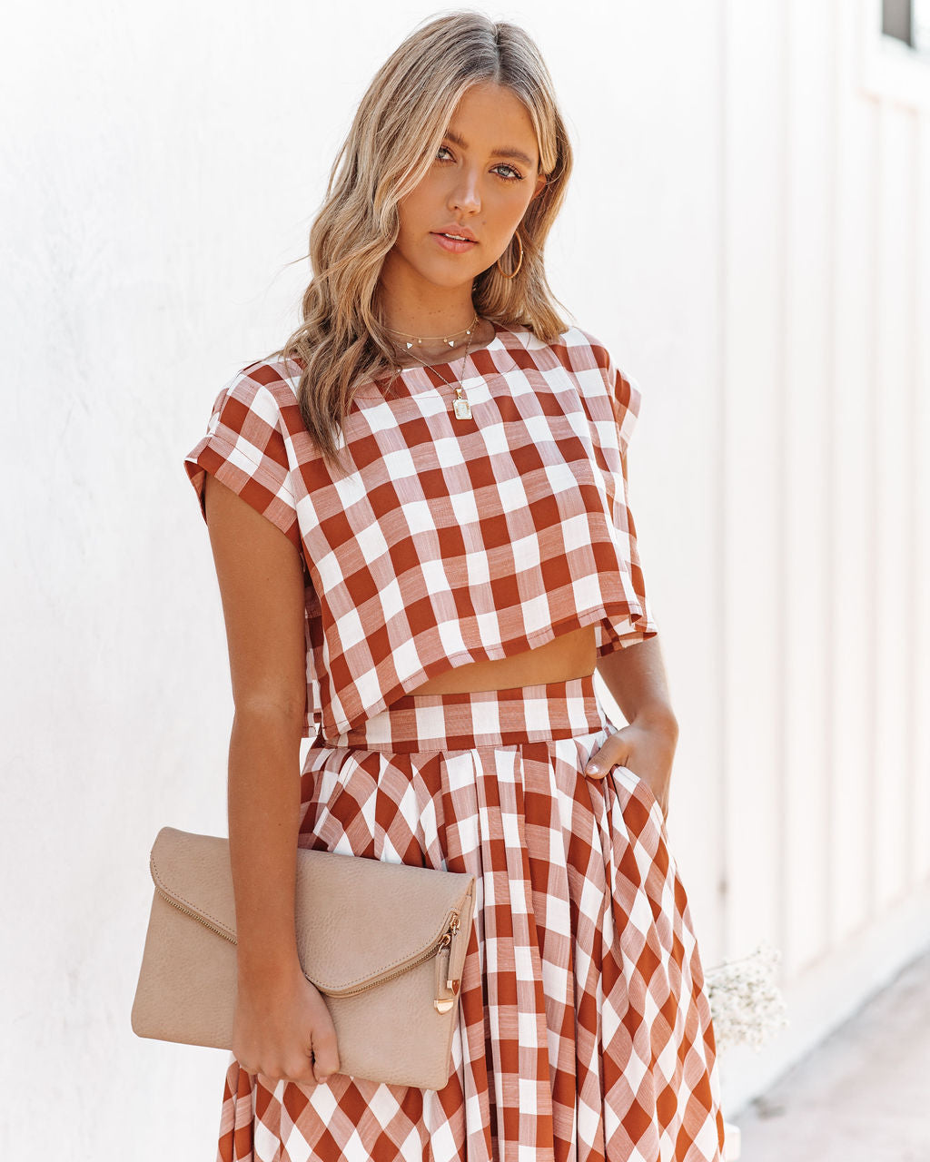 Athina Cotton Blend Gingham Crop Top - Rust InsStreet