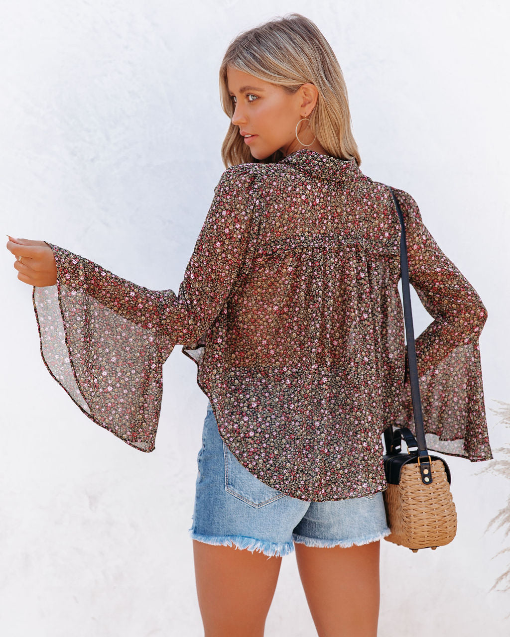 Balayage Printed Bell Sleeve Blouse InsStreet