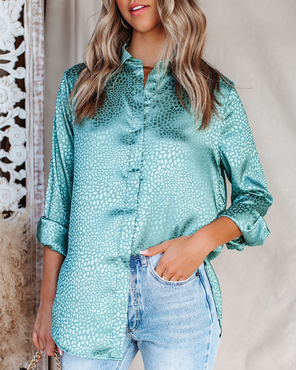 Blue Moon Satin Embossed Button Down Blouse - Jade - FINAL SALE InsStreet