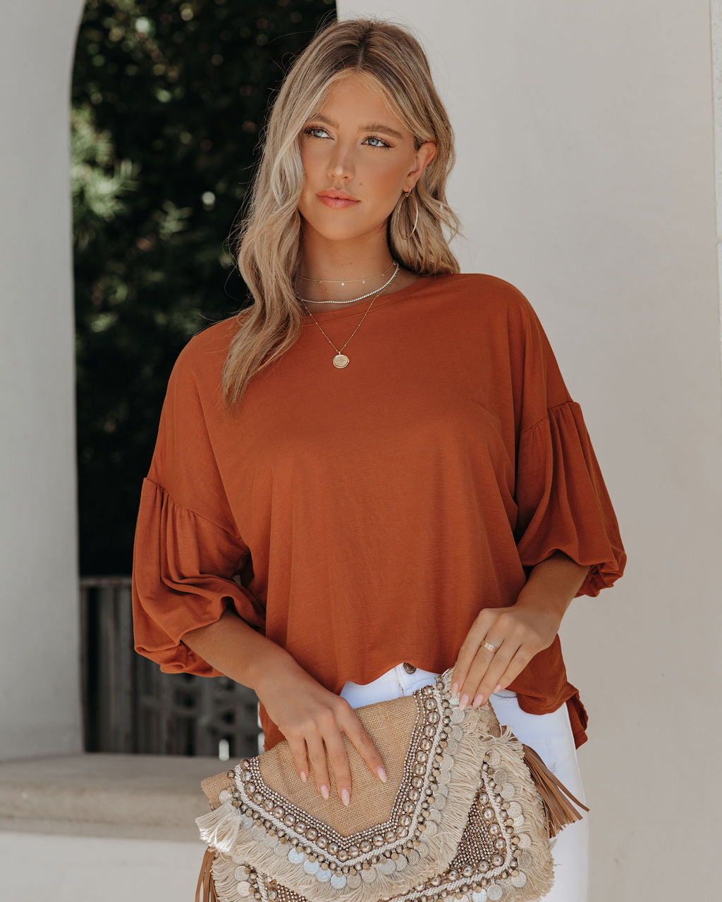 Barb Puff Sleeve Knit Top - Cognac InsStreet