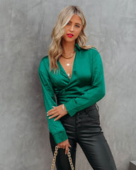 Best Bet Satin Collared Tie Blouse - Dark Green InsStreet