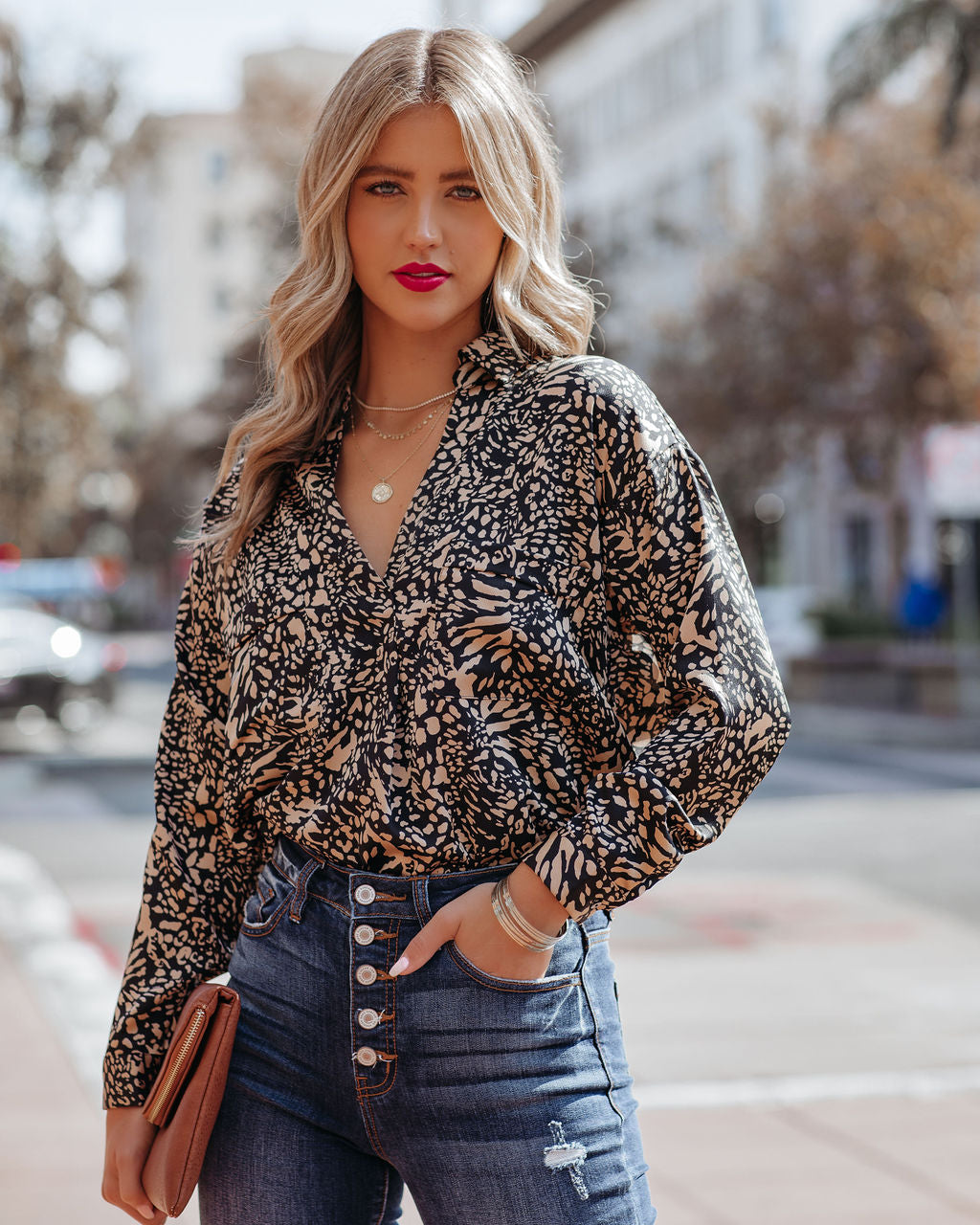 Bexlee Satin Collared Leopard Blouse - FINAL SALE InsStreet