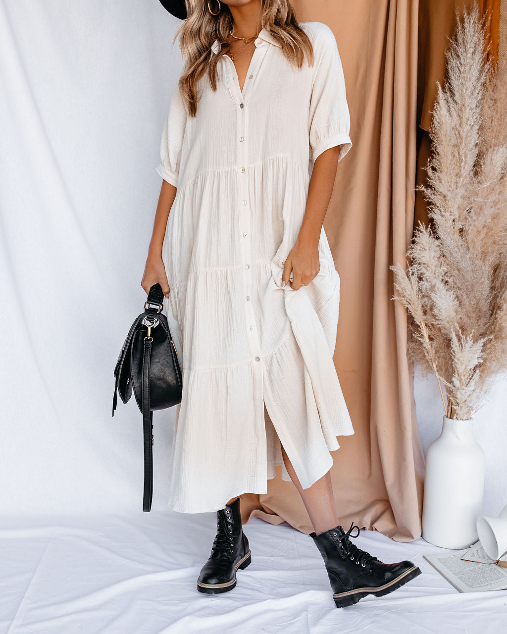 Binx Cotton Pocketed Button Down Midi Dress - Ivory InsStreet