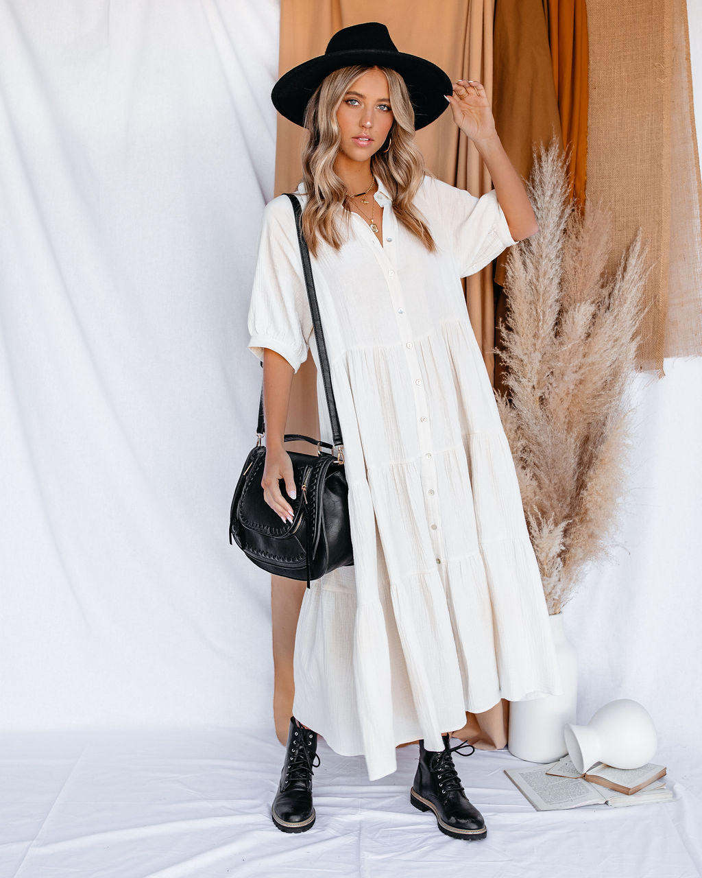 Binx Cotton Pocketed Button Down Midi Dress - Ivory InsStreet