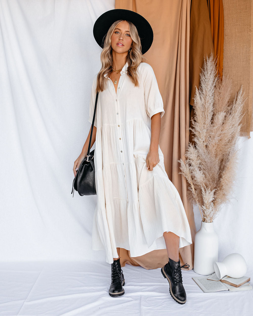 Binx Cotton Pocketed Button Down Midi Dress - Ivory InsStreet