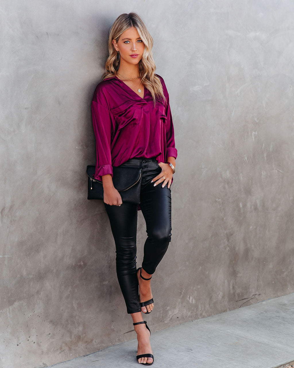 Braya Satin Collared Blouse - Burgundy - FINAL SALE Insstreet