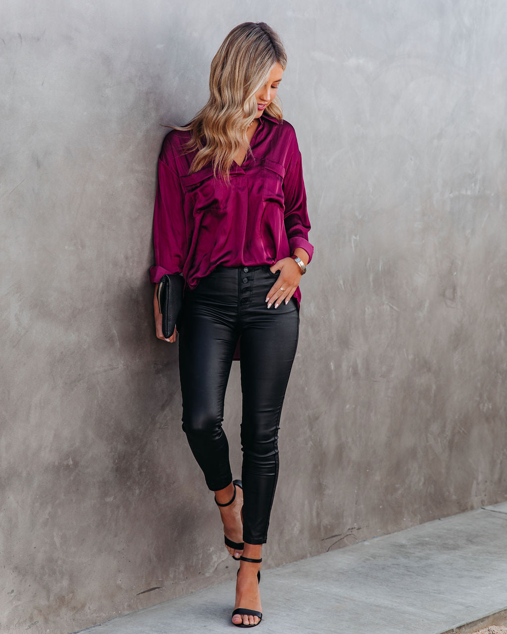 Braya Satin Collared Blouse - Burgundy - FINAL SALE Insstreet