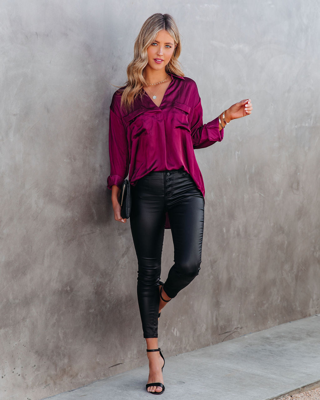 Braya Satin Collared Blouse - Burgundy - FINAL SALE Insstreet