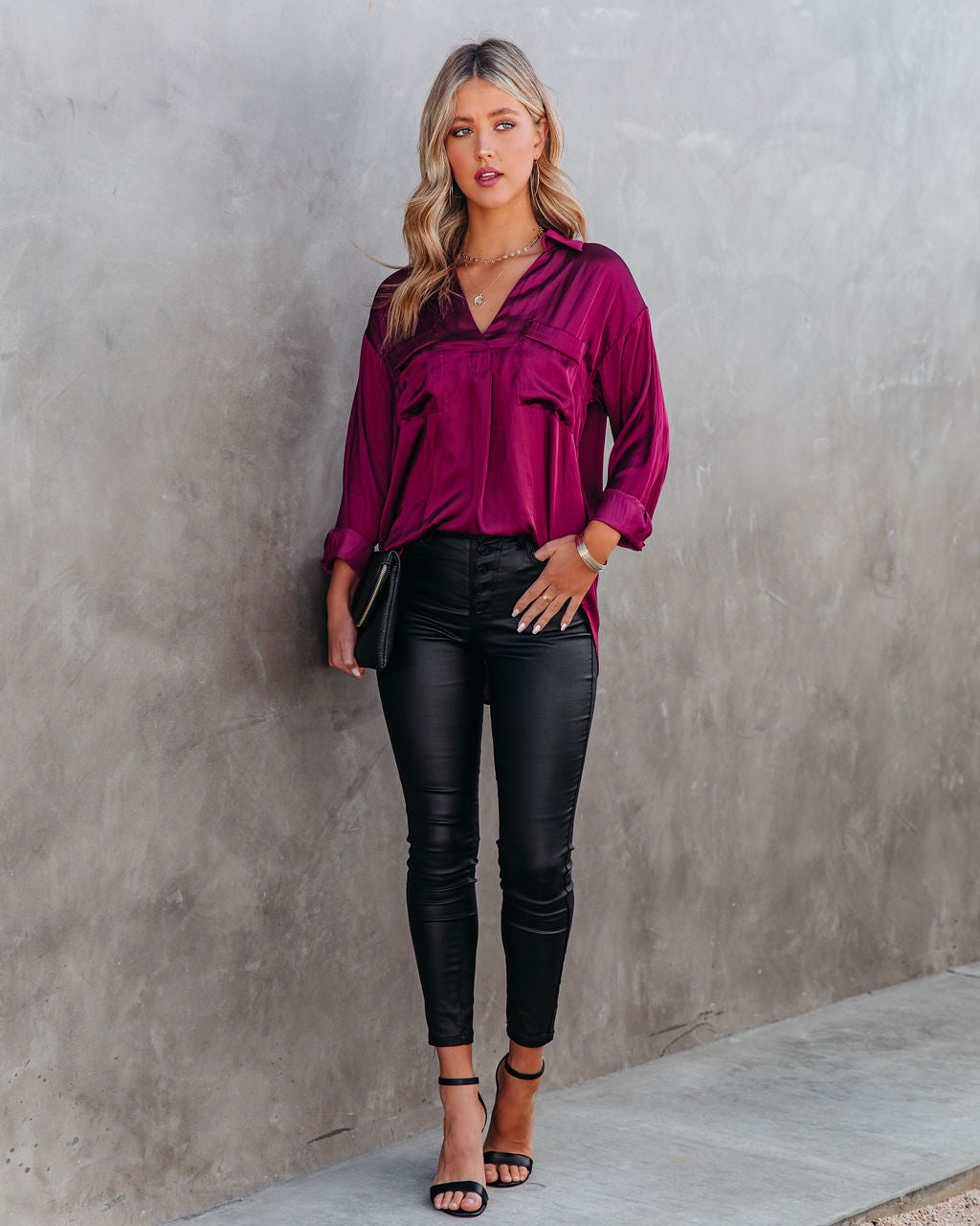 Braya Satin Collared Blouse - Burgundy - FINAL SALE Insstreet