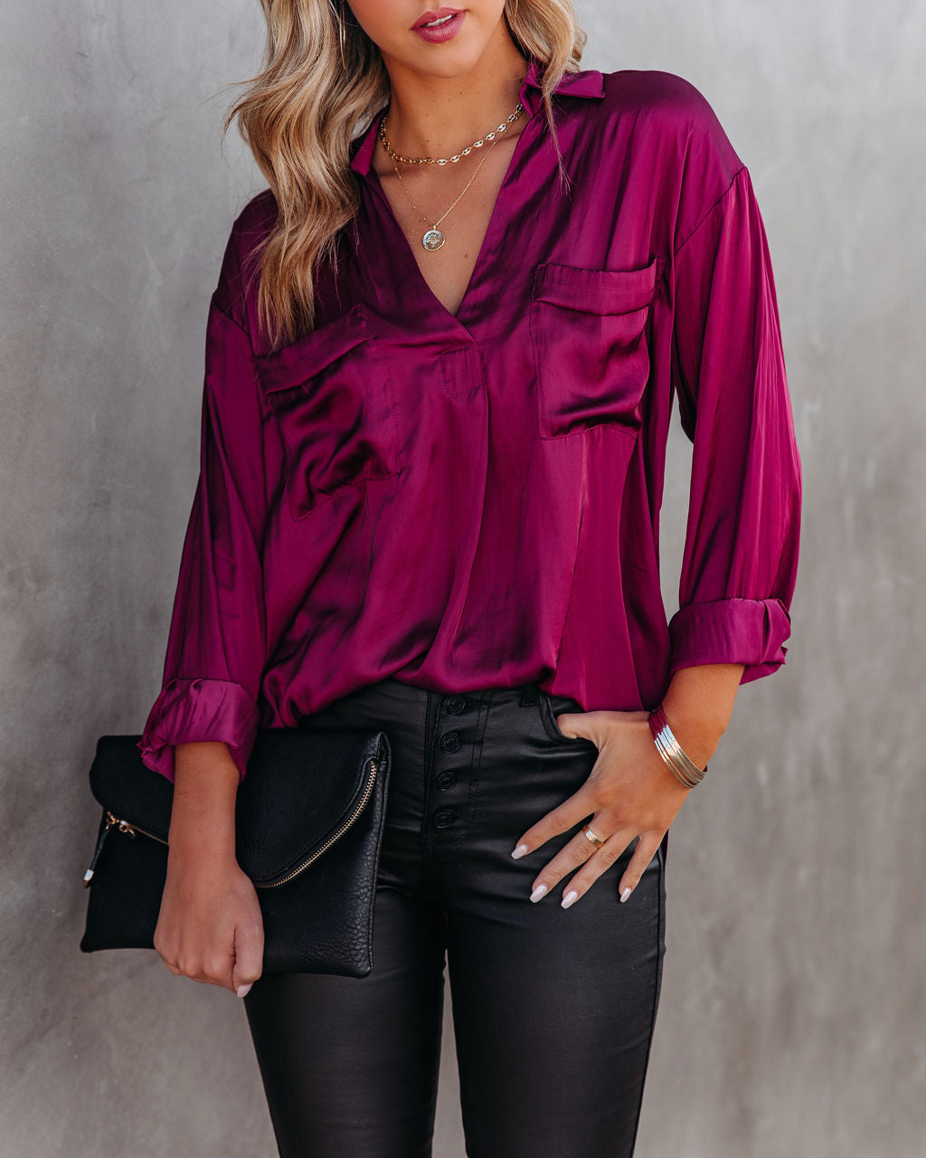 Braya Satin Collared Blouse - Burgundy - FINAL SALE Insstreet