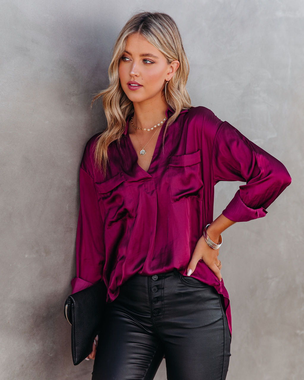 Braya Satin Collared Blouse - Burgundy - FINAL SALE Insstreet