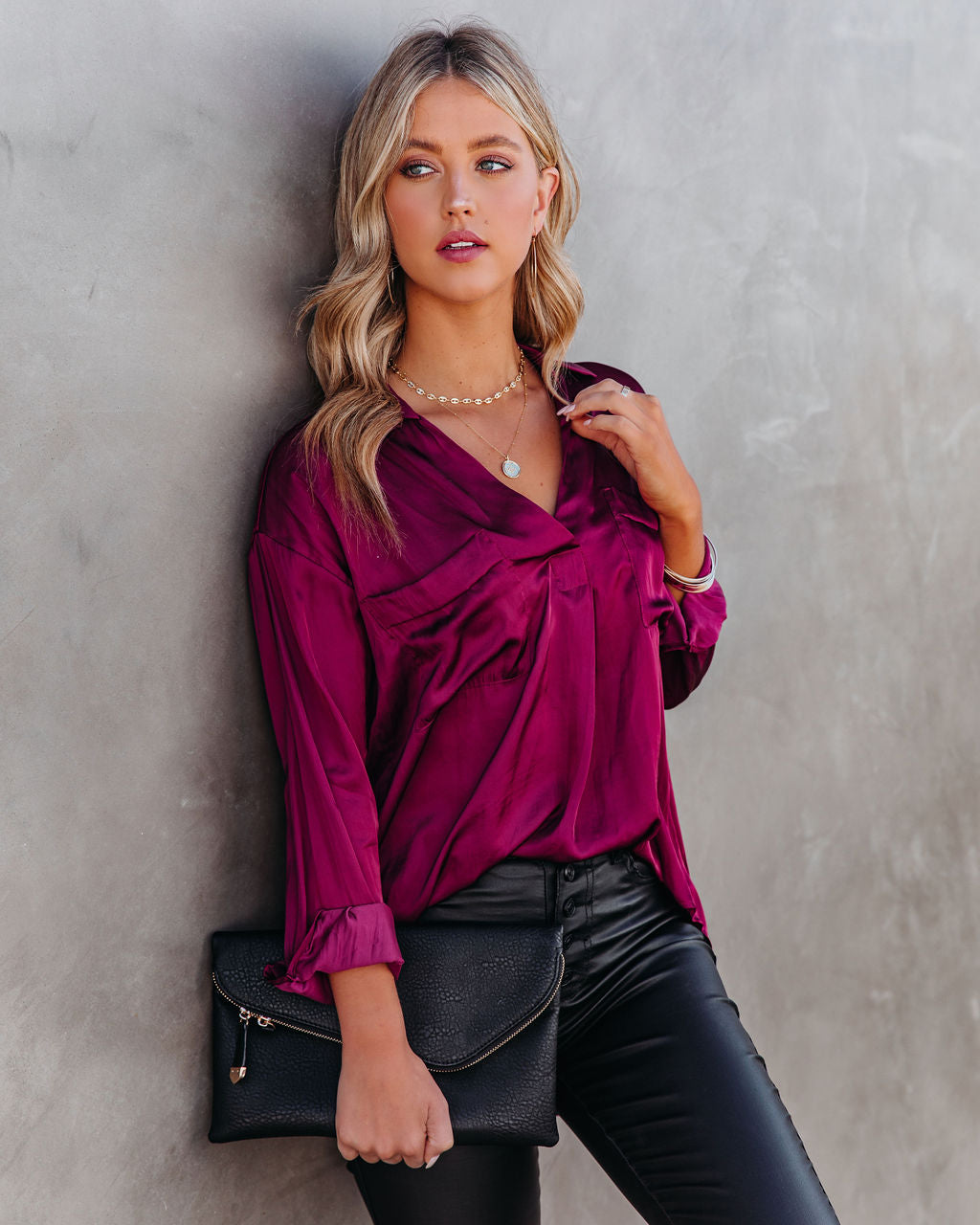 Braya Satin Collared Blouse - Burgundy - FINAL SALE Insstreet