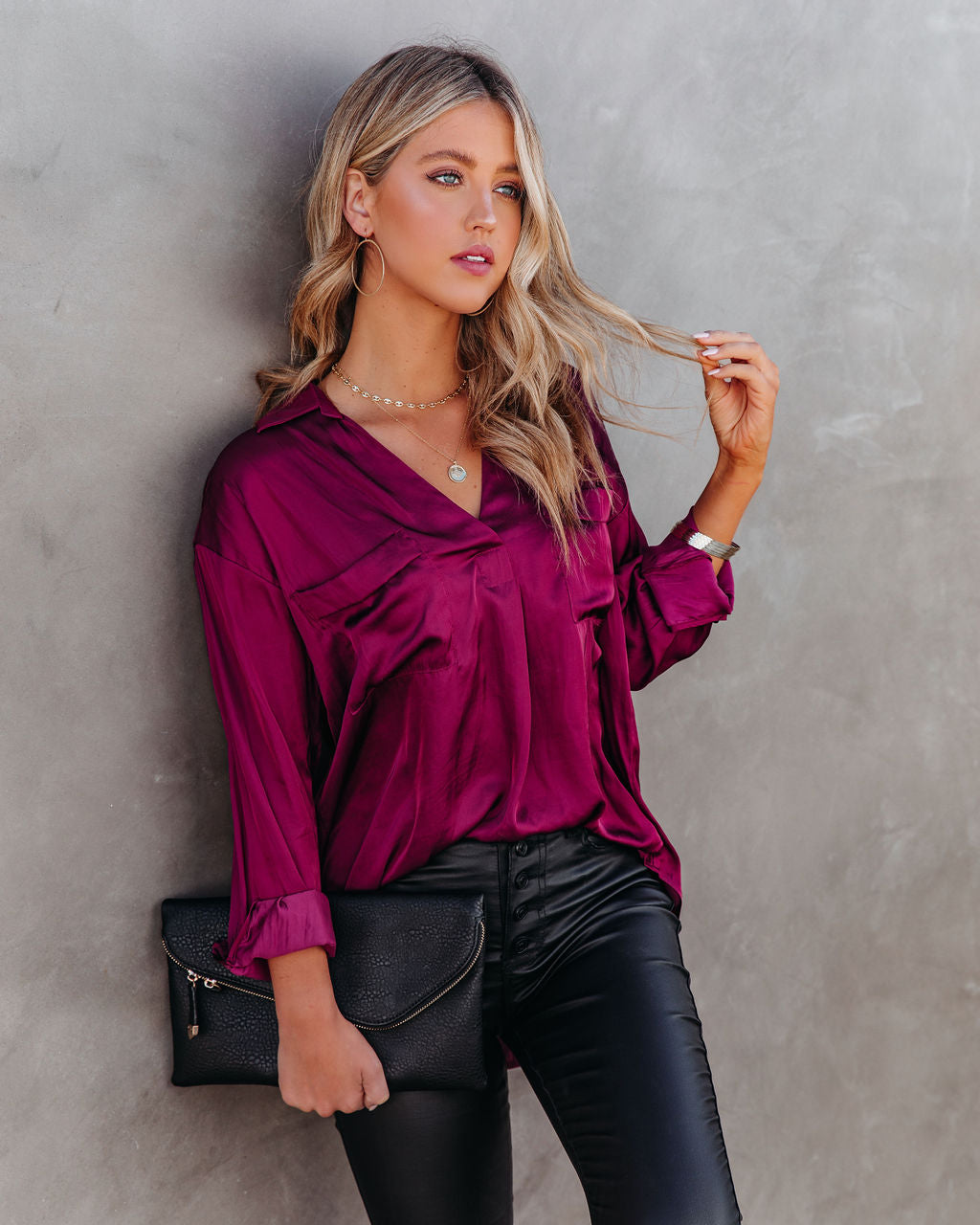 Braya Satin Collared Blouse - Burgundy - FINAL SALE Insstreet