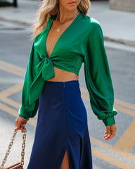 Brenda Satin Tie Front Crop Blouse - Green - FINAL SALE Ins Street