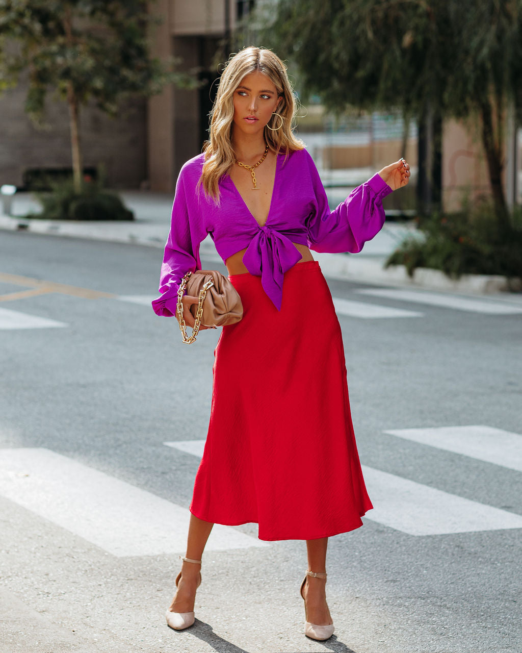 Brenda Satin Tie Front Crop Blouse - Magenta - FINAL SALE Ins Street