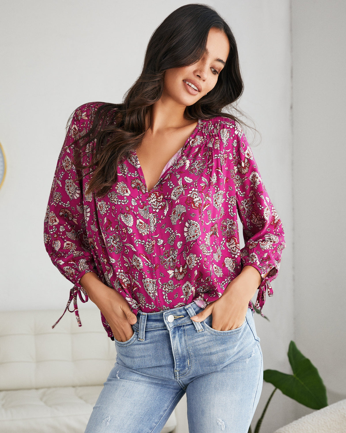 Clarence Floral Split Neck Blouse - FINAL SALE COLL-001