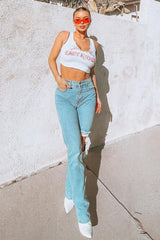 Call Me High Rise Booty Rip Straight Leg Jeans - Light Blue Wash Ins Street