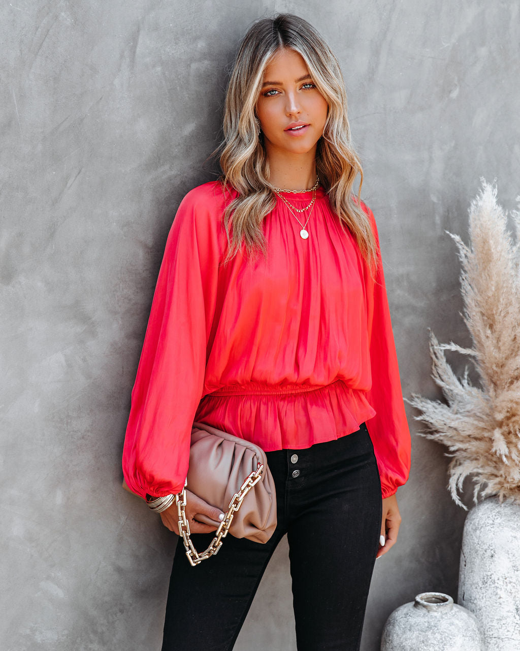 Cappa Satin Peplum Blouse - Coral - FINAL SALE Ins Street