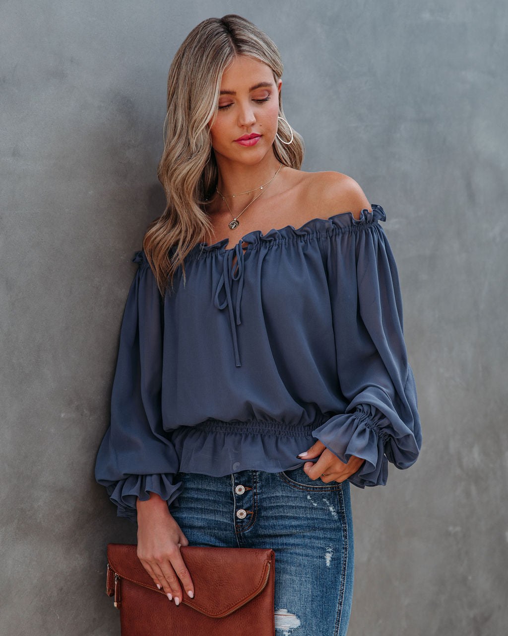 Caydence Chiffon Off The Shoulder Blouse - Dusty Blue - FINAL SALE Ins Street