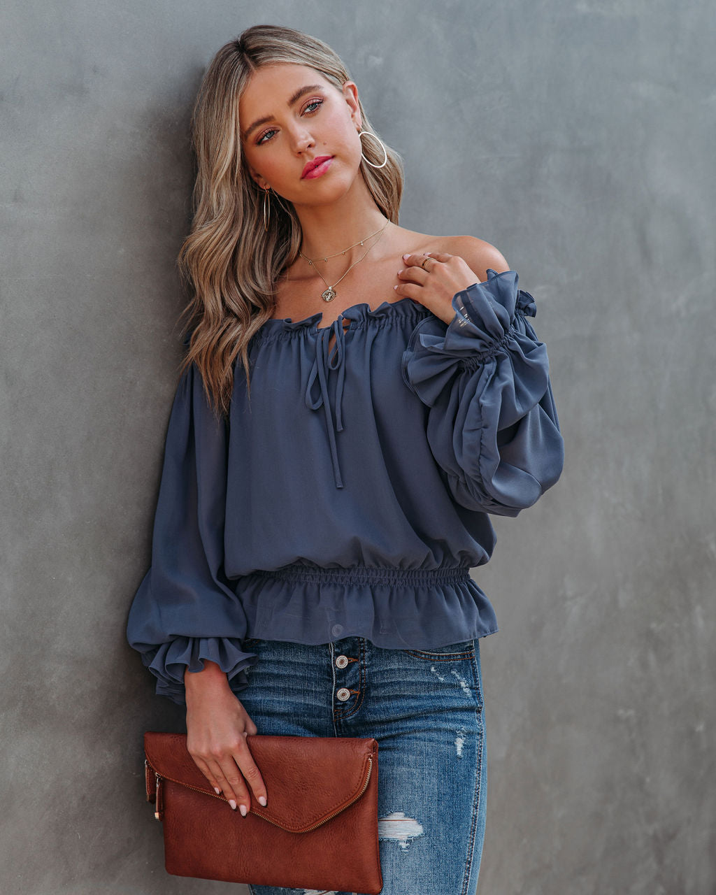 Caydence Chiffon Off The Shoulder Blouse - Dusty Blue - FINAL SALE Ins Street