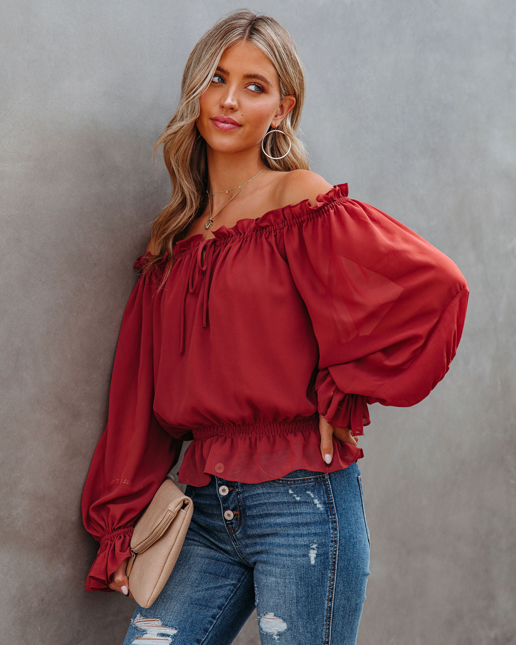 Caydence Chiffon Off The Shoulder Blouse - Wine - FINAL SALE Ins Street