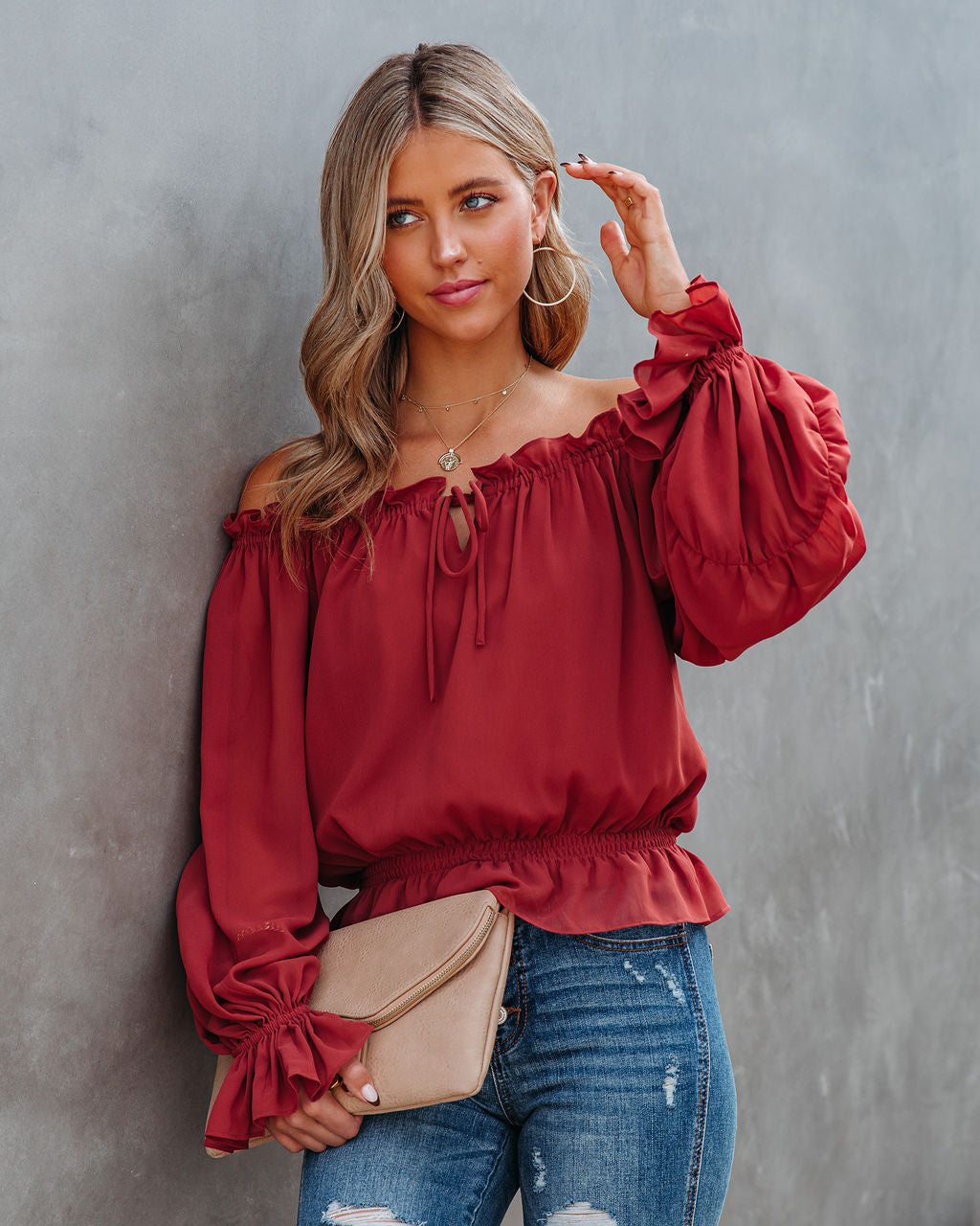 Caydence Chiffon Off The Shoulder Blouse - Wine - FINAL SALE Ins Street