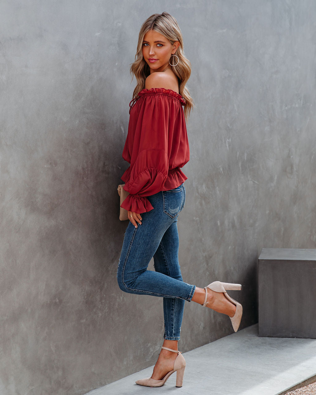 Caydence Chiffon Off The Shoulder Blouse - Wine - FINAL SALE Ins Street