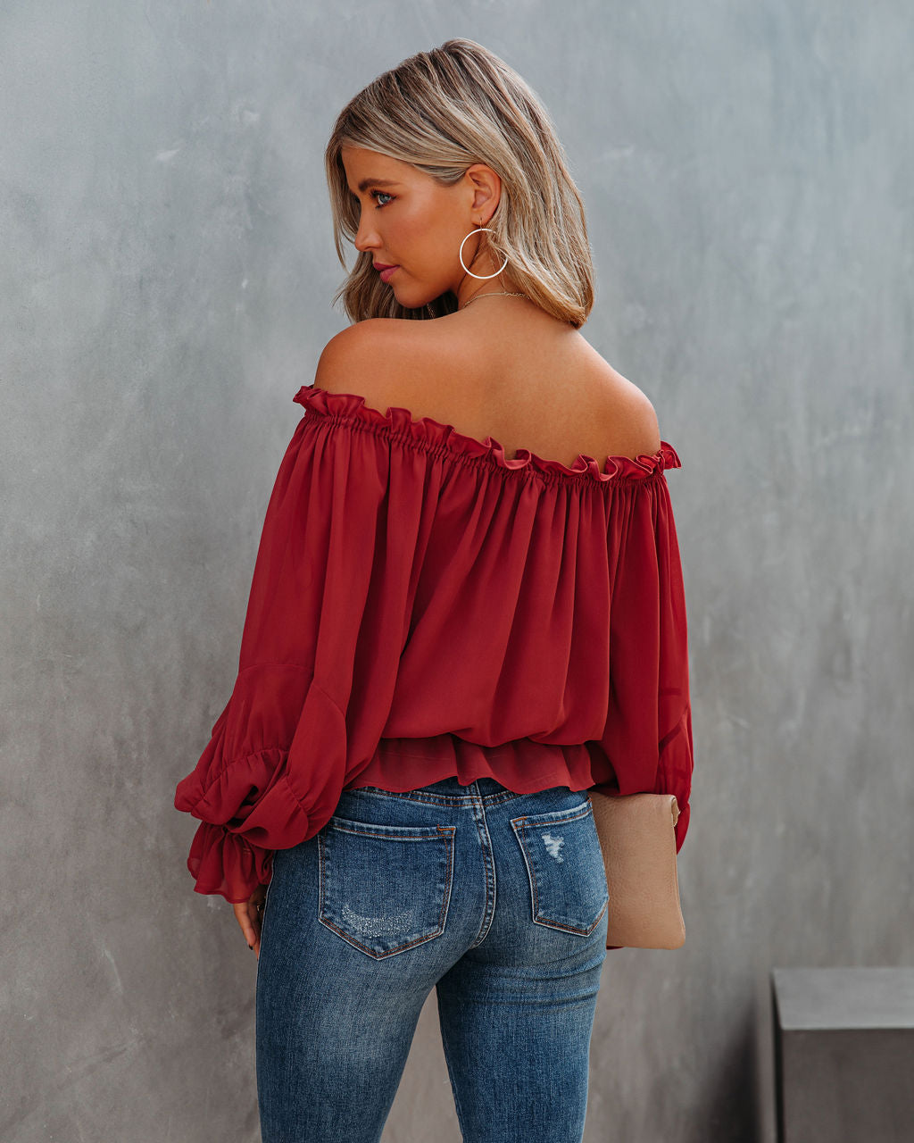 Caydence Chiffon Off The Shoulder Blouse - Wine - FINAL SALE Ins Street