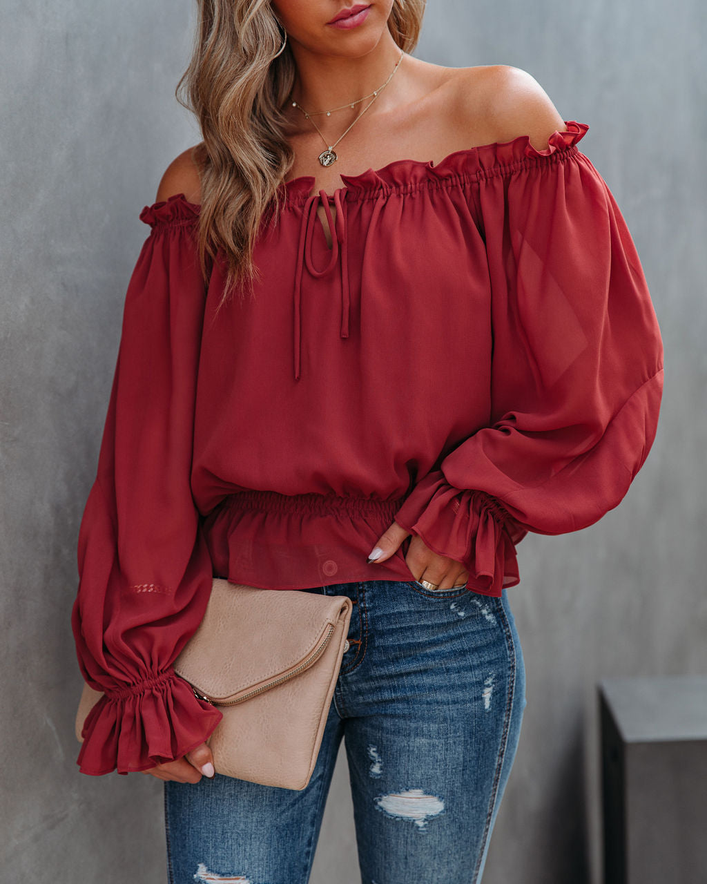 Caydence Chiffon Off The Shoulder Blouse - Wine - FINAL SALE Ins Street