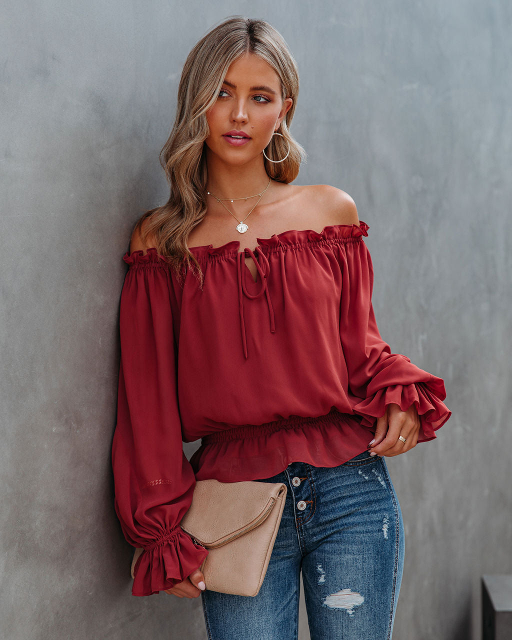 Caydence Chiffon Off The Shoulder Blouse - Wine - FINAL SALE Ins Street