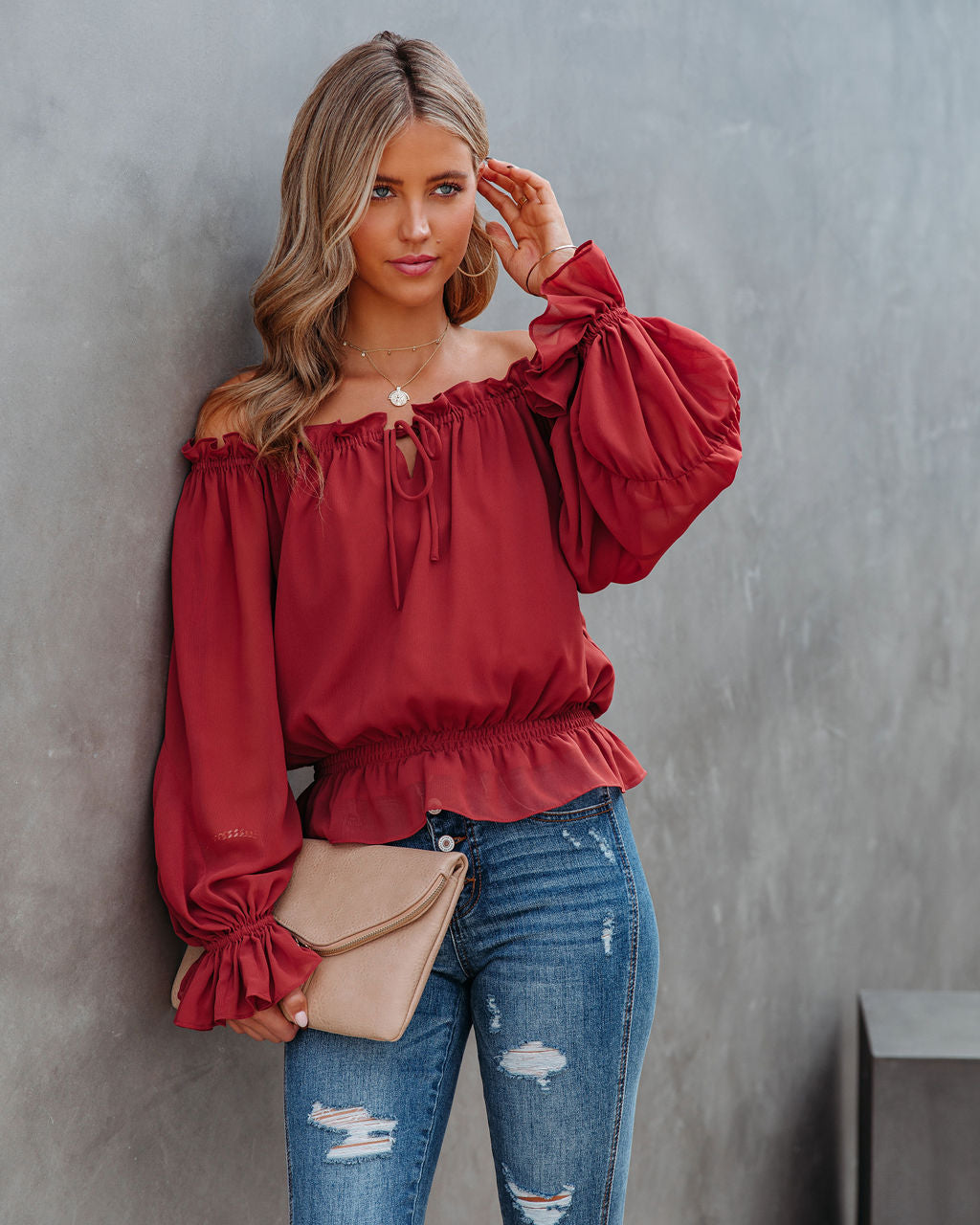 Caydence Chiffon Off The Shoulder Blouse - Wine - FINAL SALE Ins Street