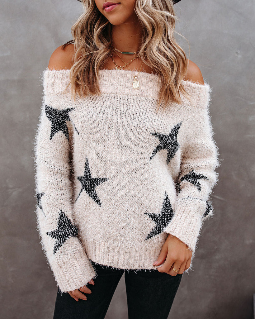 Celeste Off The Shoulder Knit Star Sweater – InsStreet