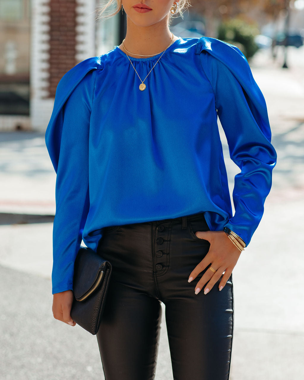 Cierra Satin Puff Sleeve Blouse - Royal Blue - FINAL SALE AEOM-001