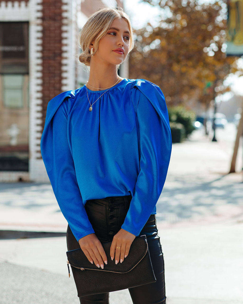 Cierra Satin Puff Sleeve Blouse - Royal Blue - FINAL SALE AEOM-001