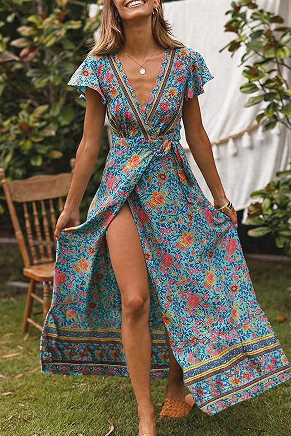 Bohemian Floral Printed Wrap V Neck Short Sleeve Split Beach Party Maxi Dress Ins street