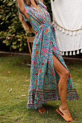 Bohemian Floral Printed Wrap V Neck Short Sleeve Split Beach Party Maxi Dress Ins street