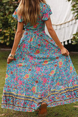 Bohemian Floral Printed Wrap V Neck Short Sleeve Split Beach Party Maxi Dress Ins street